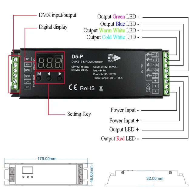 LTECH DMX512 5CH Decoder 12V-24V 4A