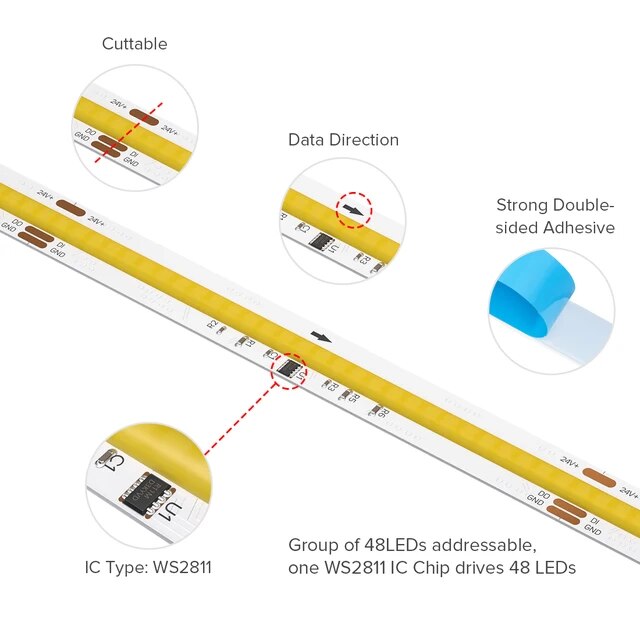 COB CCT LED Strip 24V DC High Density Flexible 576 LED/m 5M/Roll